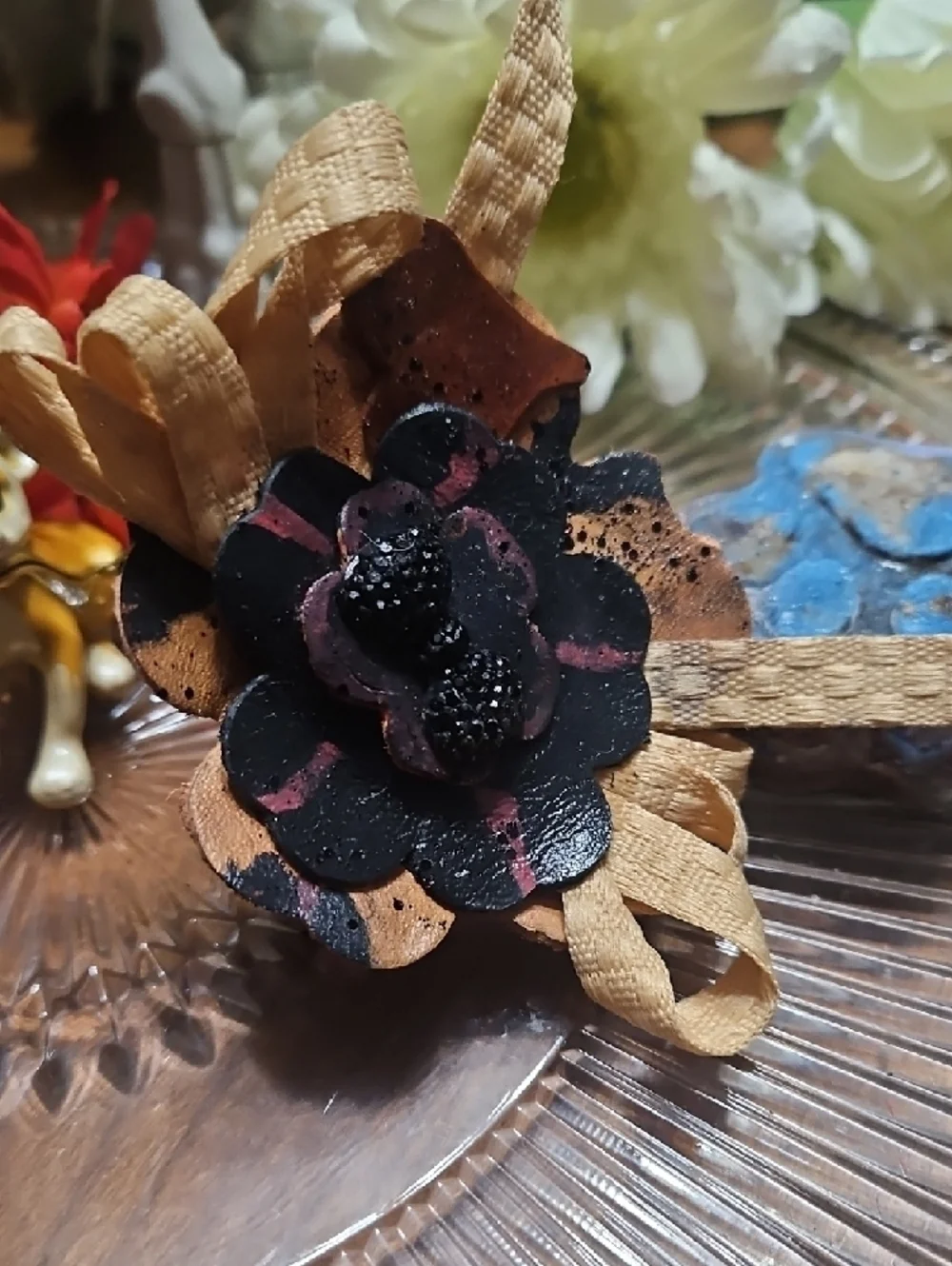 Hand Crafted Genuine Leather Floral Dog Bow Charm NEW Gifted